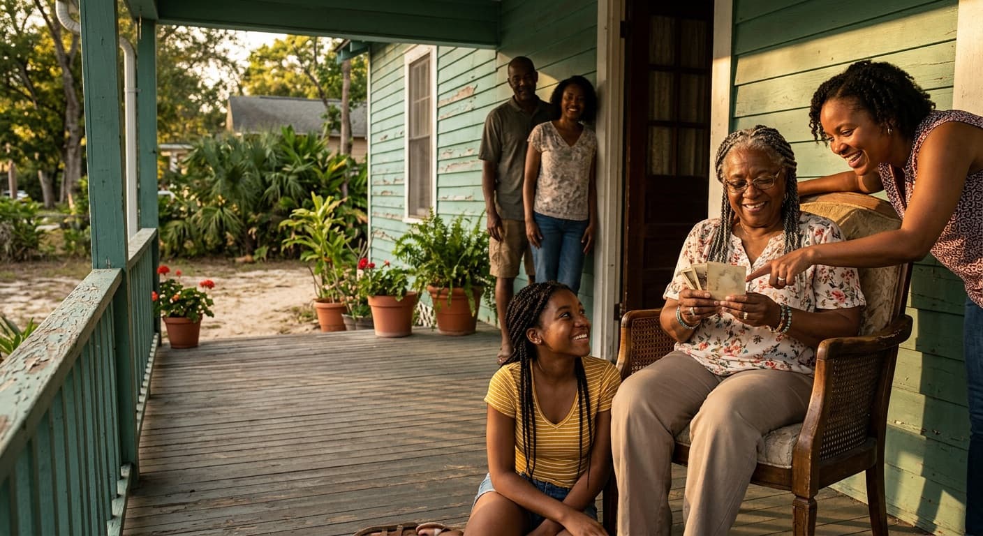 Three generations of a family on a front porch in late afternoon light. A grandmother sits holding a small stack of photographs while her daughter leans over the chair to point at one, and a teenage granddaughter listens from the steps below.