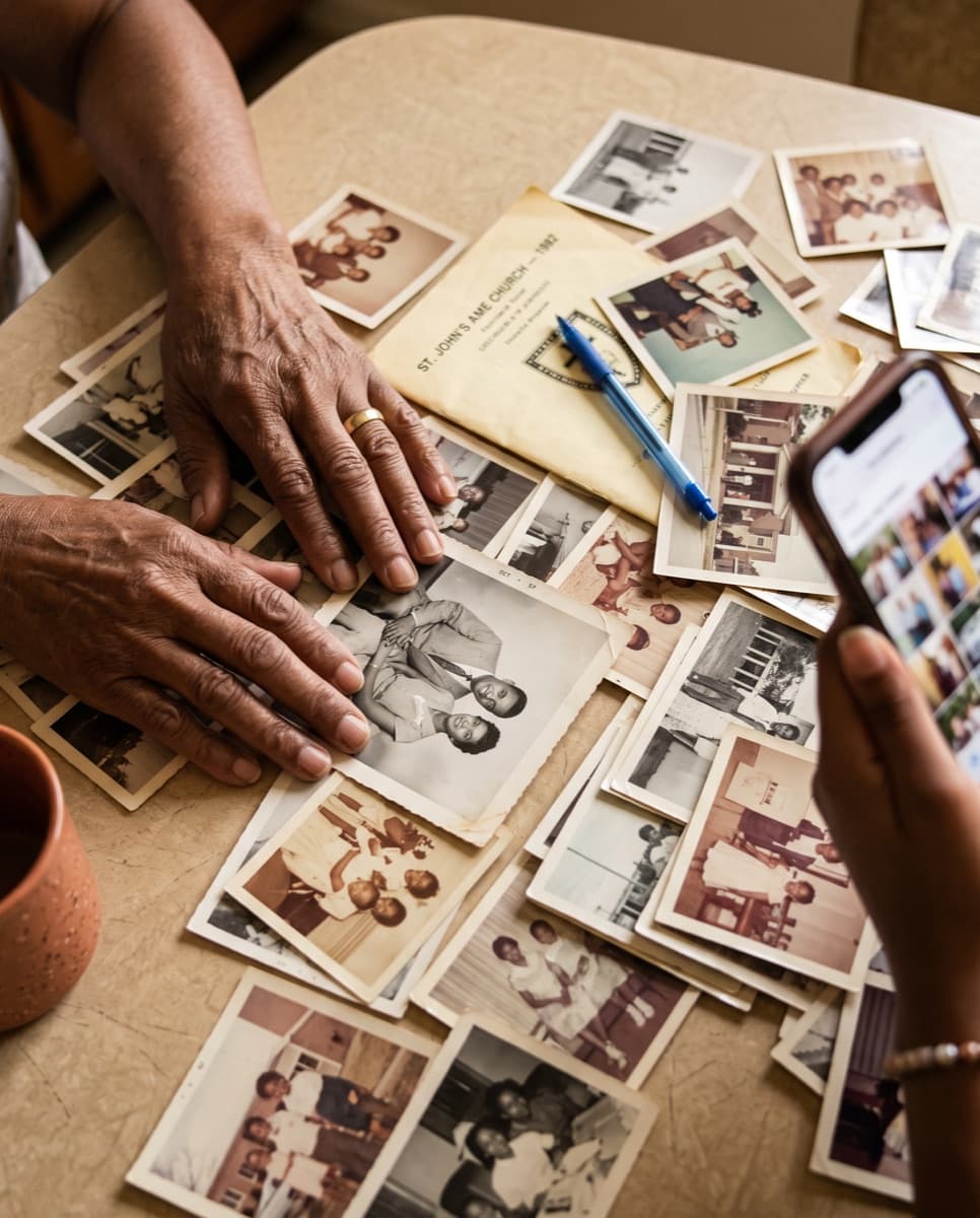 Overhead view of two pairs of hands over a kitchen table covered in old family photographs — an older woman's hands resting on a black-and-white portrait, and a younger woman's hands beside them.