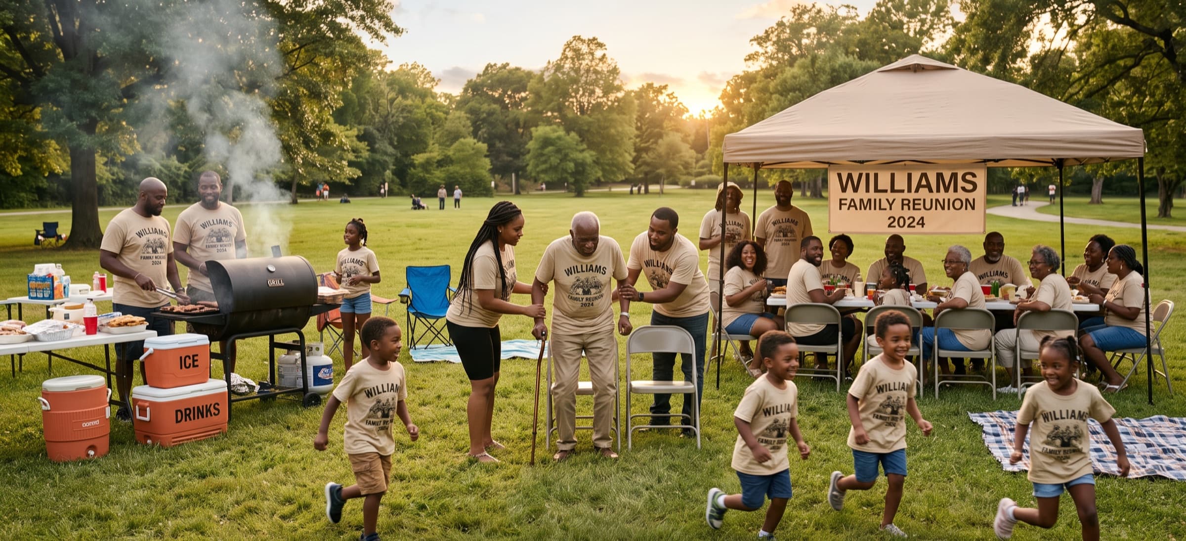 A large family reunion in a park at golden hour — people of every age in matching shirts around folding tables, children running in the foreground, two men at a grill to one side.