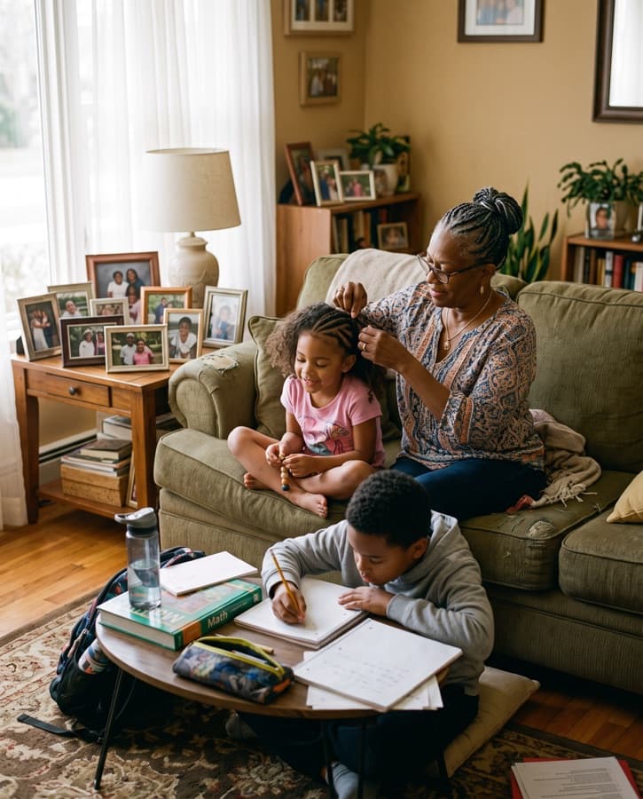 A grandmother braiding a young girl's hair on a living-room sofa while a boy does homework on the floor nearby.