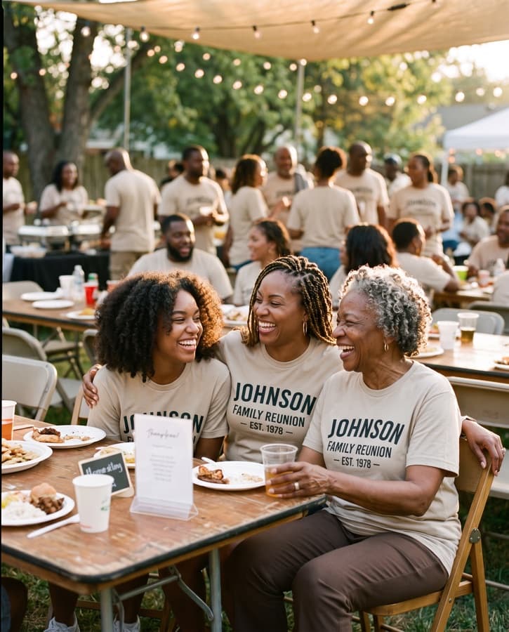 Three women of three generations laughing together in matching reunion shirts at a crowded outdoor family gathering.