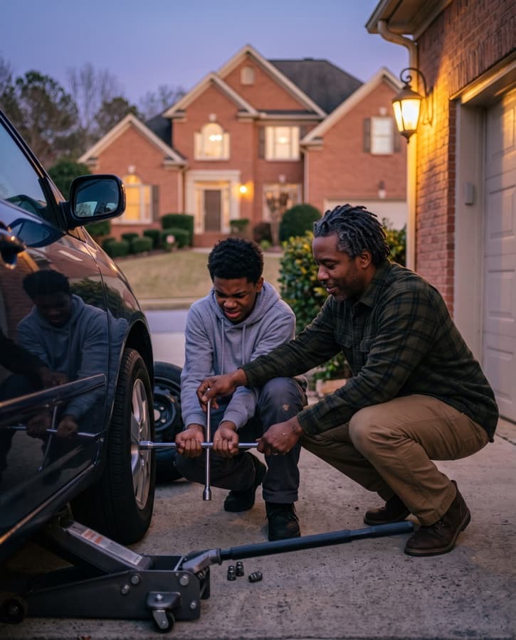 A man teaching a teenage boy to change a tire in a driveway at dusk, the boy's hands on the wrench and the man's hand steadying it.